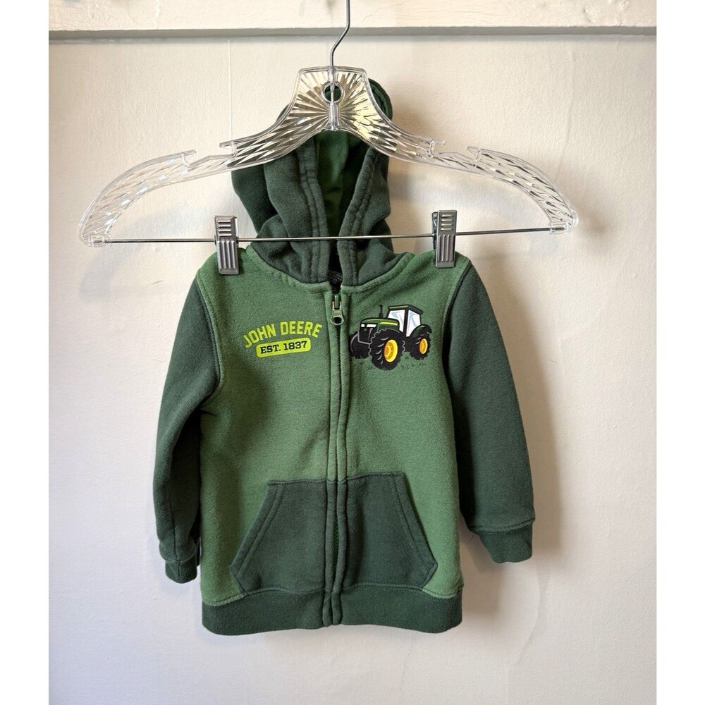 John Deere Green Fleece Hooded Full Zip Jacket Pockets Tractor Graphic 12-18M